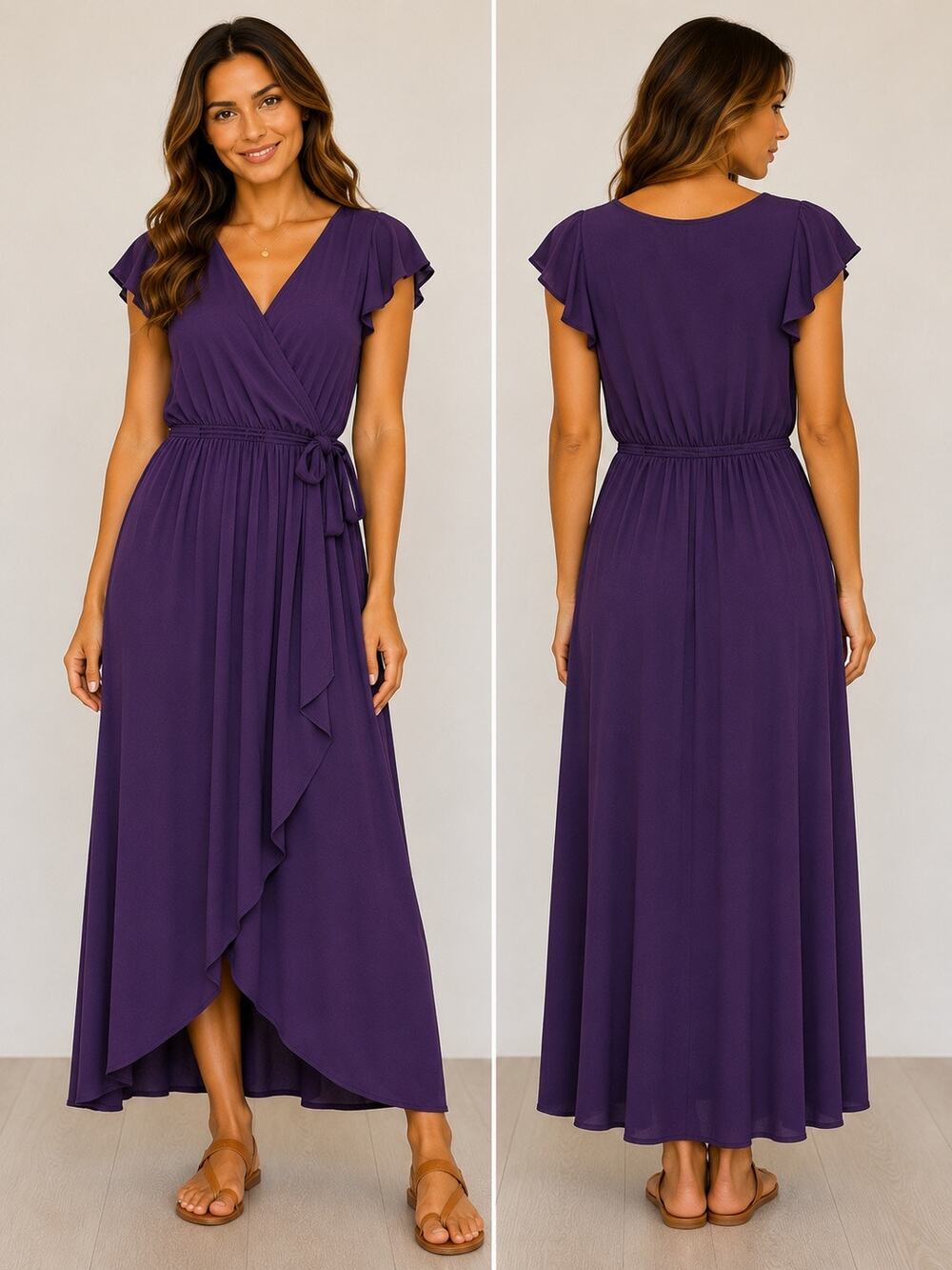 Scobe Purple Faux Wrap Midi Dress Sz L Flutter Sleeve Tie Waist Asymmetrical